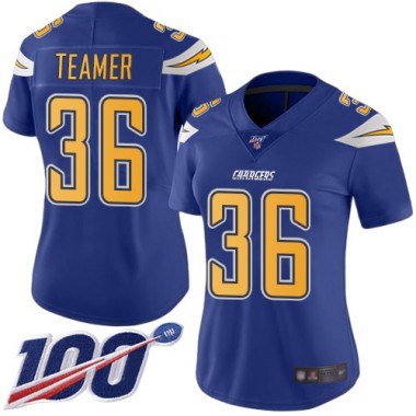 Los Angeles Chargers NFL Football Roderic Teamer Electric Blue Jersey Women Limited #36 100th Season Rush Vapor Untouchable->women nfl jersey->Women Jersey